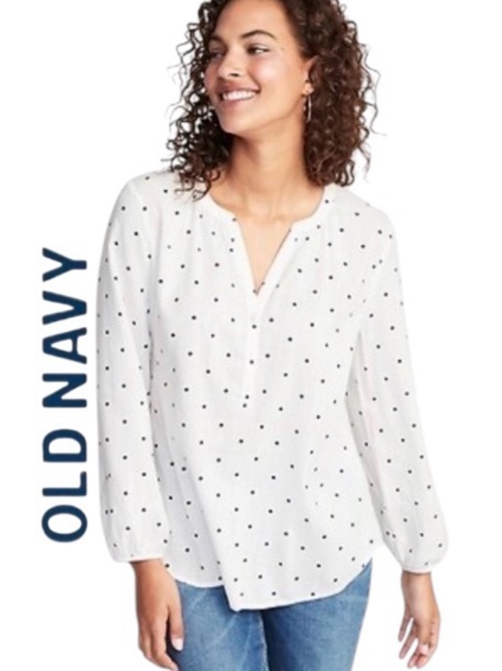 XXL Old Navy Women’s Polka-Dot Split-Neck Blouse White/Navy, NWT